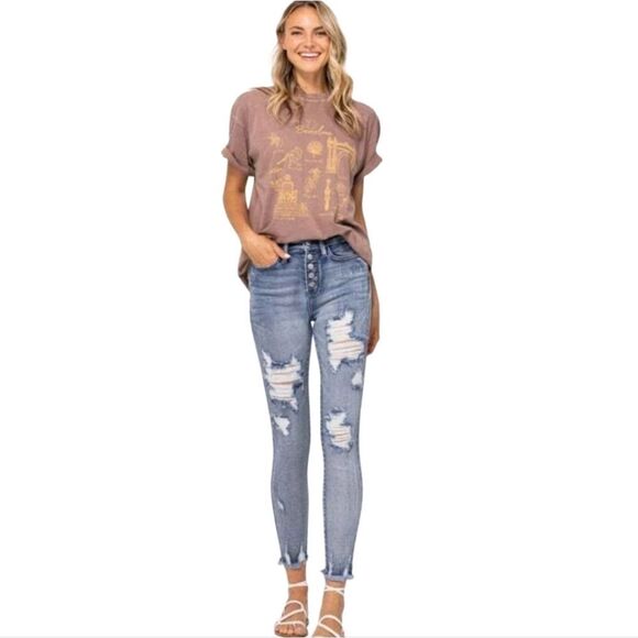 Judy Blue High Waist Button Fly Skinny Bleach Splash Jeans Size 11/30 - Picture 1 of 11